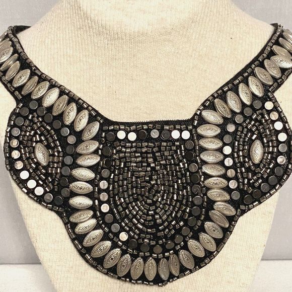 Egyptian Revival Style Beaded Collar Marquise Discs Cylinders Silver Tone Black - Picture 1 of 14